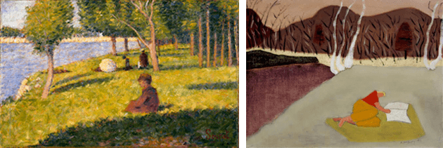 [left] Georges Seurat, Seated Figure, Study for “A Sunday Afternoon on the Island of the Grande Jatte,” 1884-1885. Fogg Art Museum, Harvard Art Museums, Cambridge, Image: © Harvard Art Museums / Art Resource, NY [right] Milton Avery, The Reader in the Quarry, 1947. Image and Artwork: © 2021 Milton Avery Trust / Artists Rights Society (ARS), New York